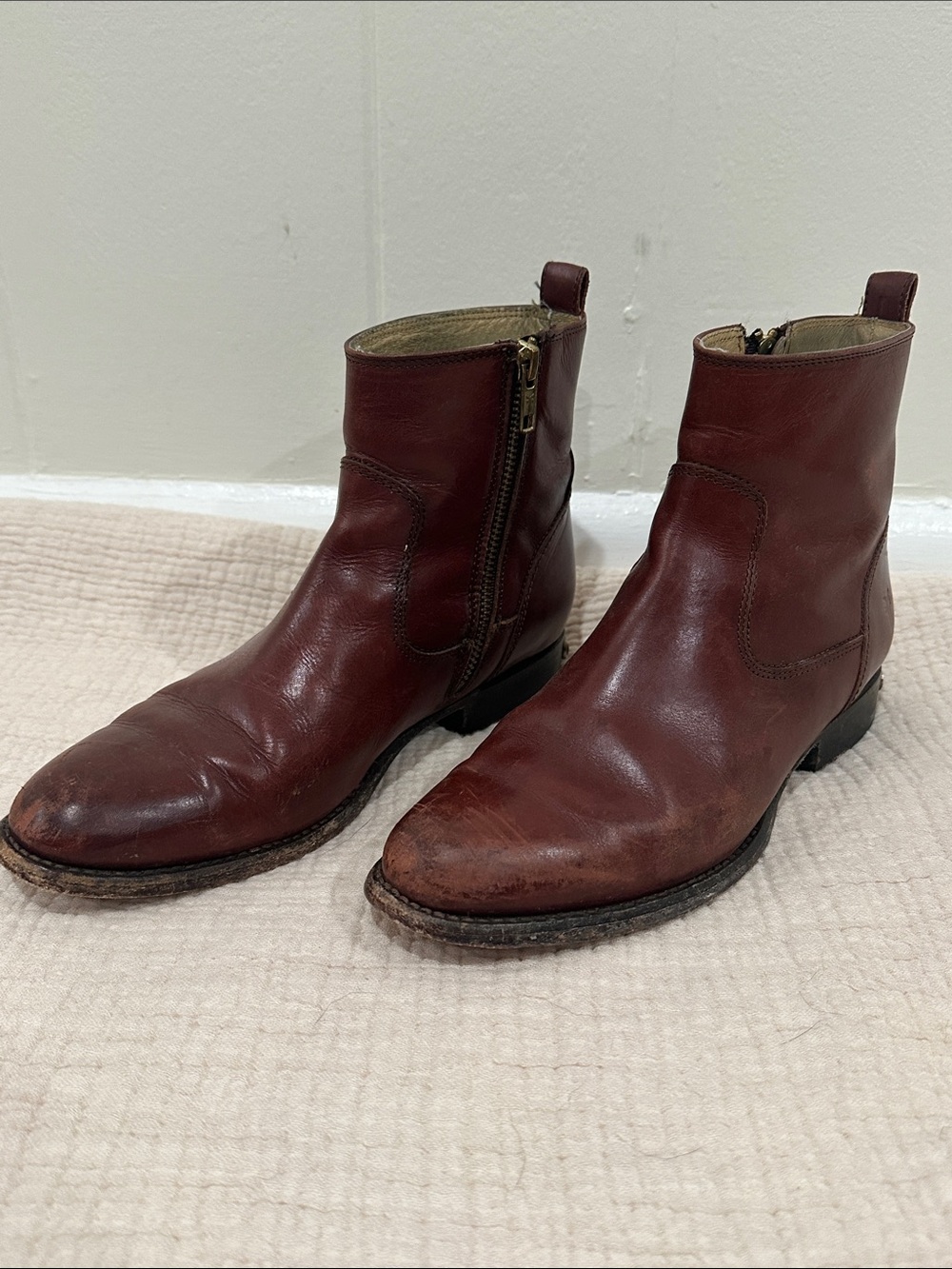 Frye Leather Side-Zip Ankle Boots in Dark Red